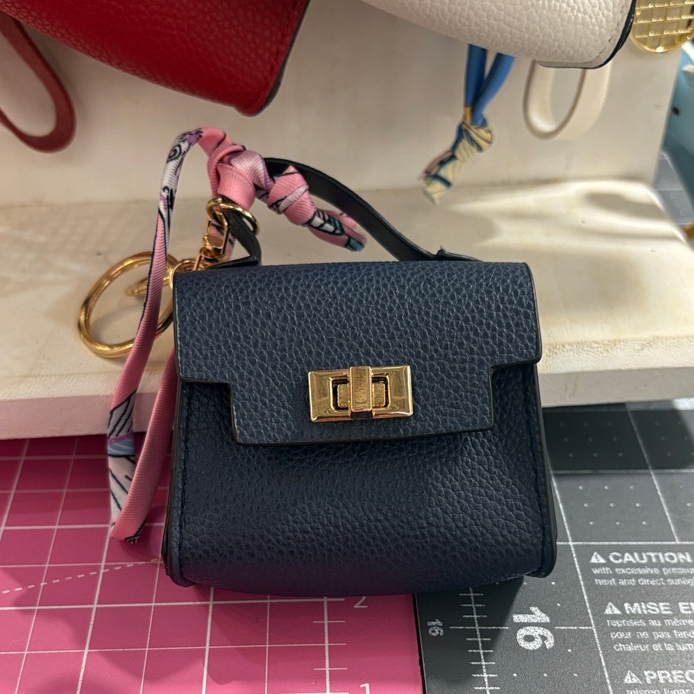 Elegant Navy Blue Mini Keychain Bag with Gold Accents